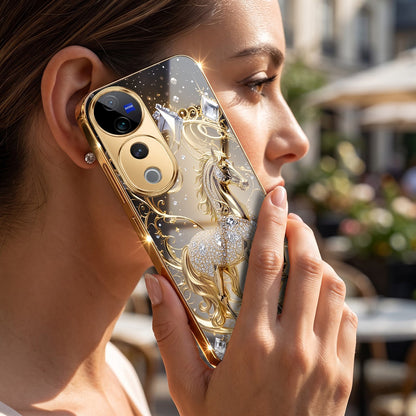 Vivo V40 Pro 5G Luxury Horse Texture Gold Electroplated Glass Phone Back Case