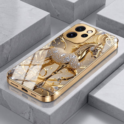 Oppo Reno 15 Pro Mini 5G Luxury Horse Texture Gold Electroplated Glass Phone Back Case