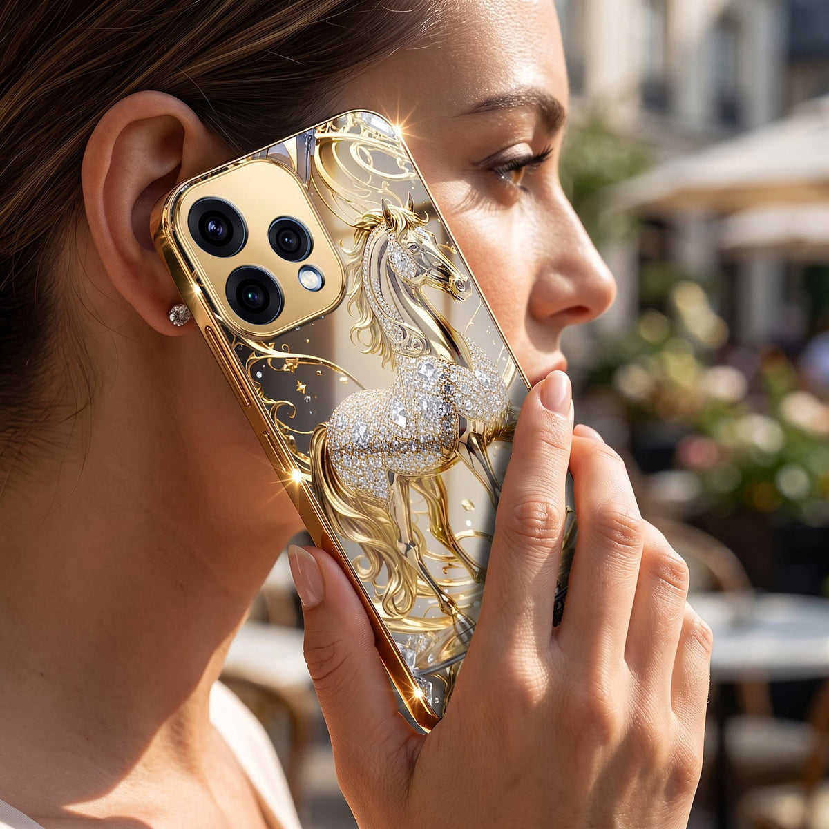 Oppo Reno 15 5G Luxury Horse Texture Gold Electroplated Glass Phone Back Case