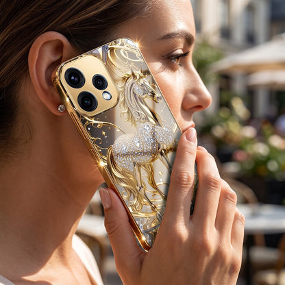 Oppo Reno 15 5G Luxury Horse Texture Gold Electroplated Glass Phone Back Case