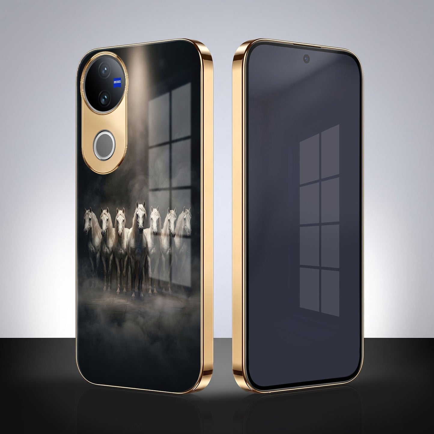 Vivo V50 5G Running Horses Gold Electroplated Glass Phone Back Case