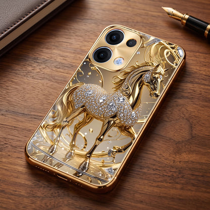 Oppo Reno 13 5G Luxury Horse Texture Gold Electroplated Glass Phone Back Case