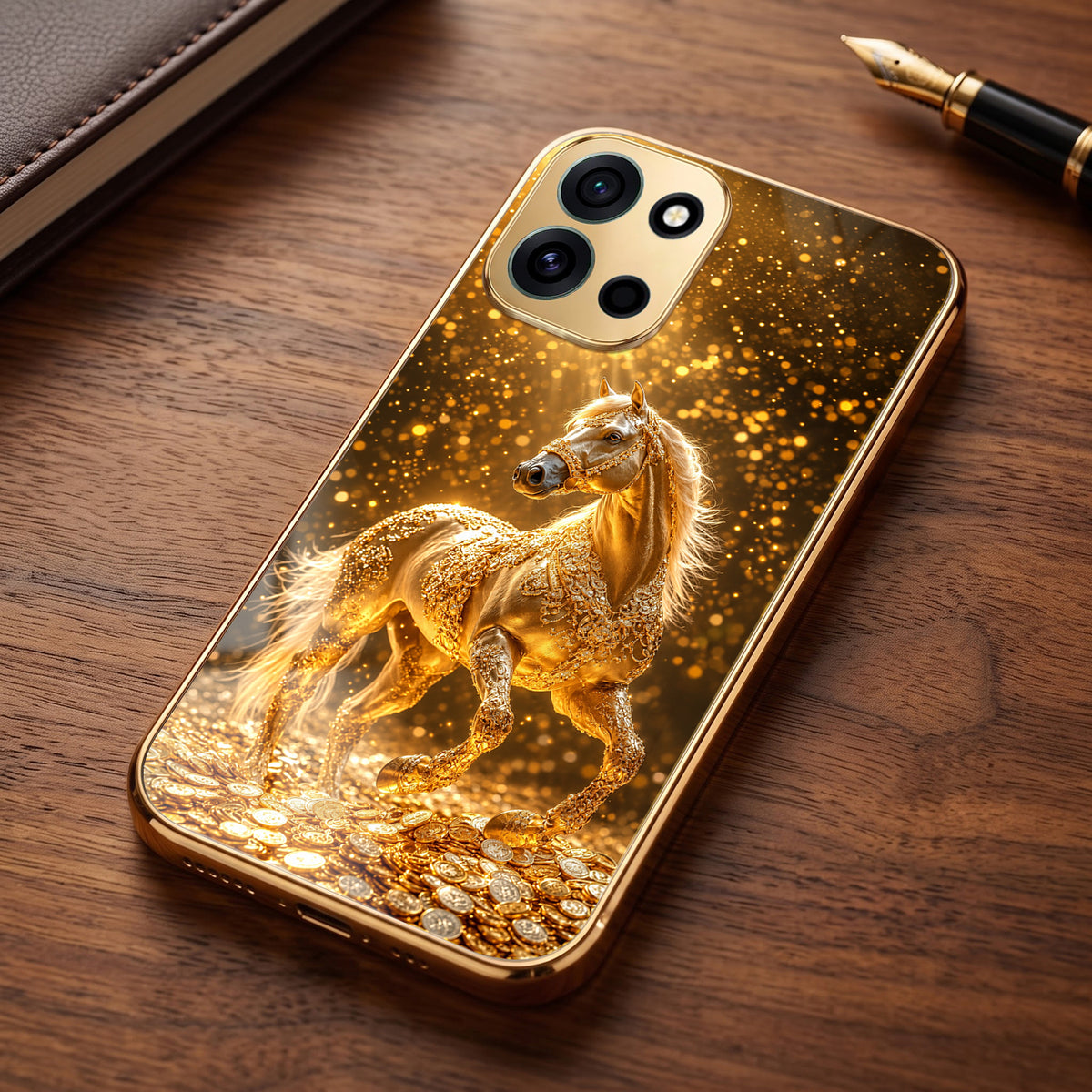 OnePlus Nord 6 5G Golden Horse Sparkle Gold Electroplated Glass Phone Back Case
