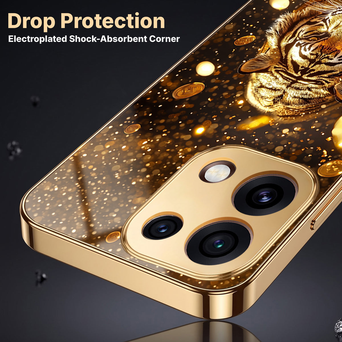 Oppo Reno 16C 5G Luxury Tiger Gold Electroplated Glass Phone Back Case