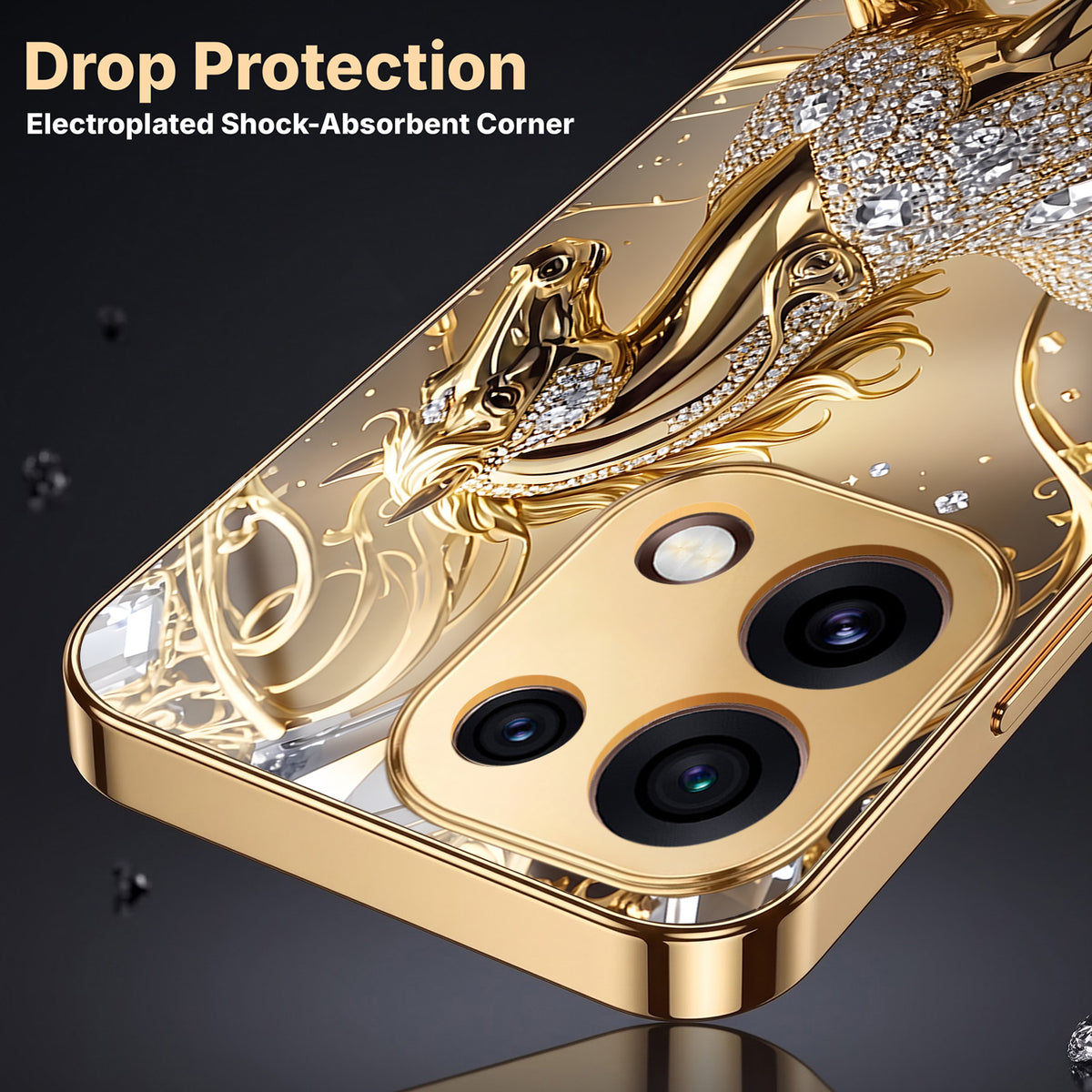 Oppo Reno 16C 5G Luxury Horse Texture Gold Electroplated Glass Phone Back Case