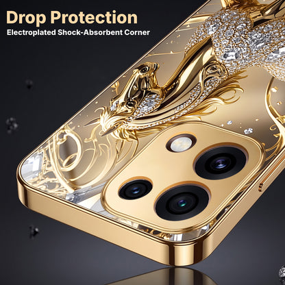 Oppo Reno 16C 5G Luxury Horse Texture Gold Electroplated Glass Phone Back Case