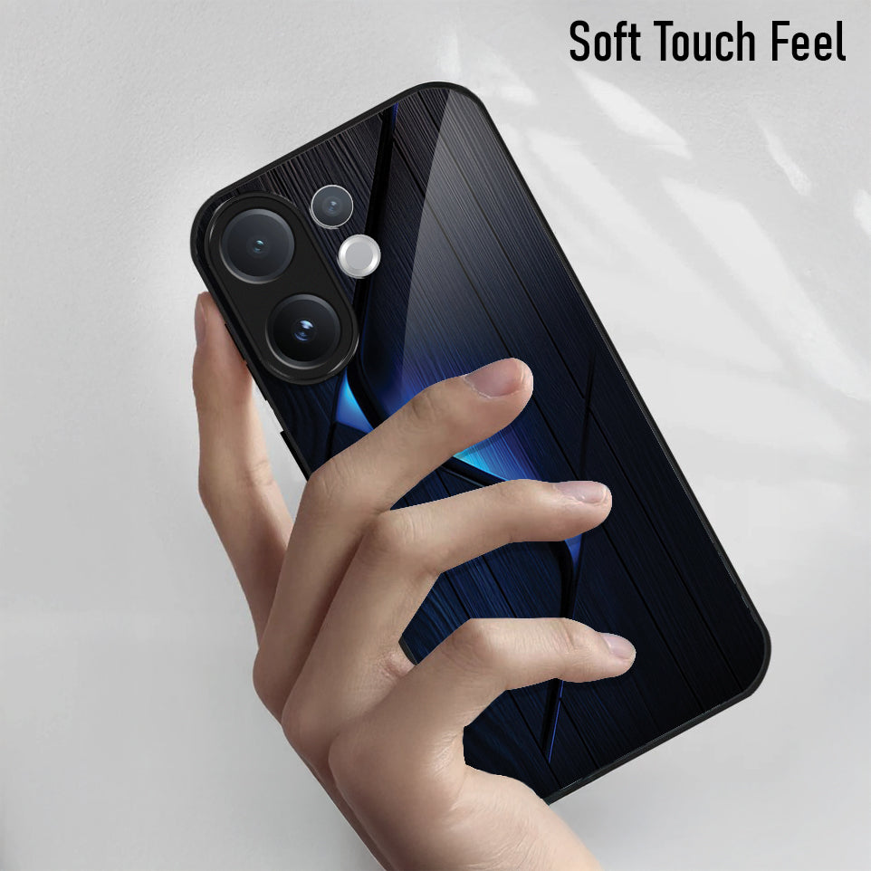 Vivo V60 5G Hand holding a black smartphone with 'Soft Touch Feel' text on a light gray background