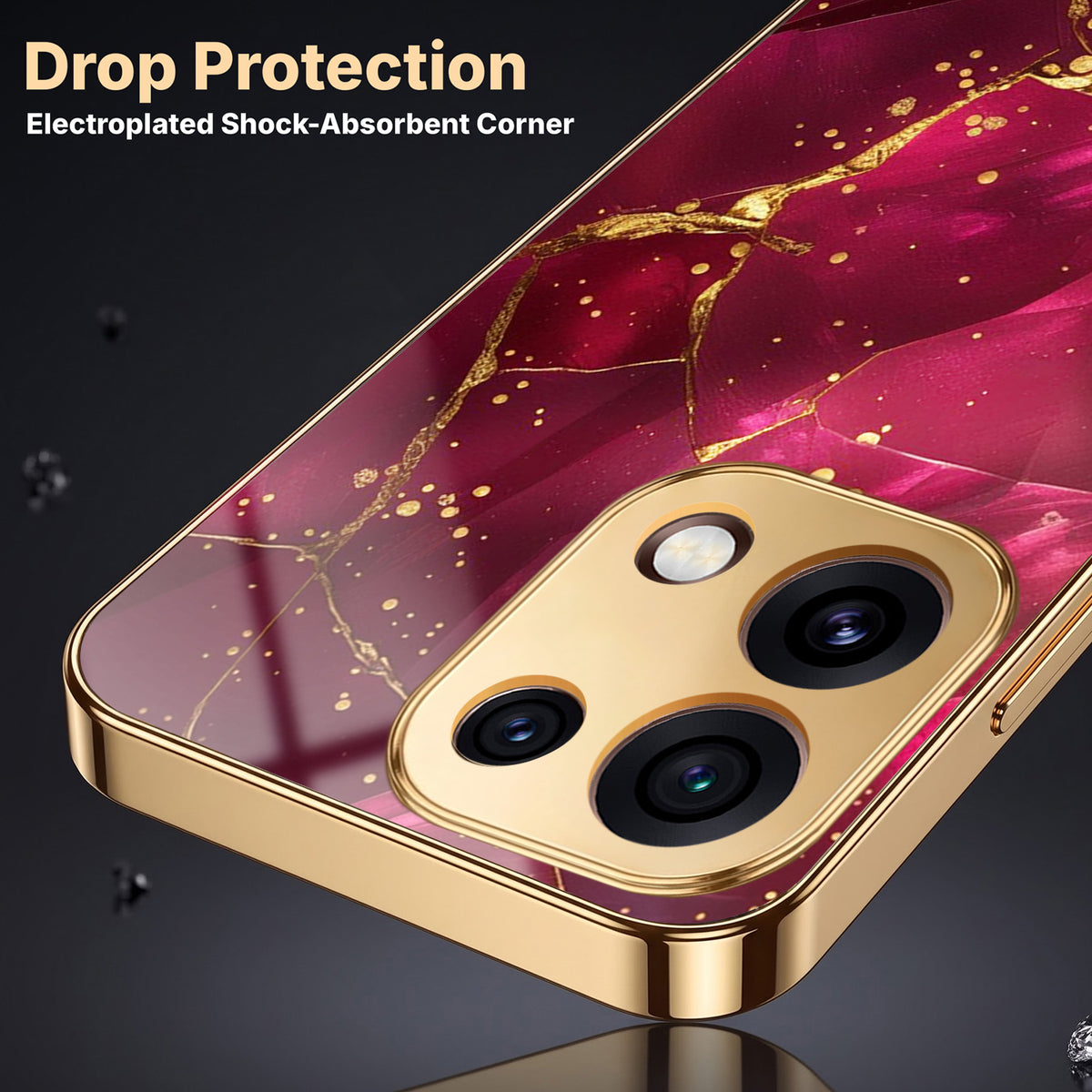 Oppo Reno 16C 5G Luxury Crimson Marble Gold Electroplated Glass Phone Back Case