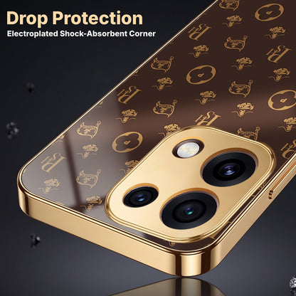 Oppo Reno 16C 5G Luxury Monogram Brown Gold Electroplated Glass Phone Back Case