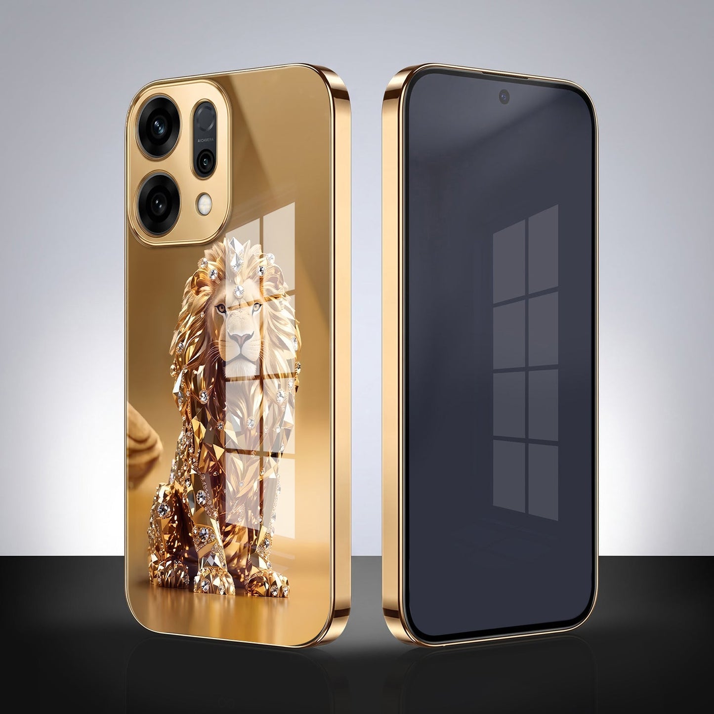 Oppo Reno 14 5G Luxury Lion Gold Electroplated Glass Phone Back Case