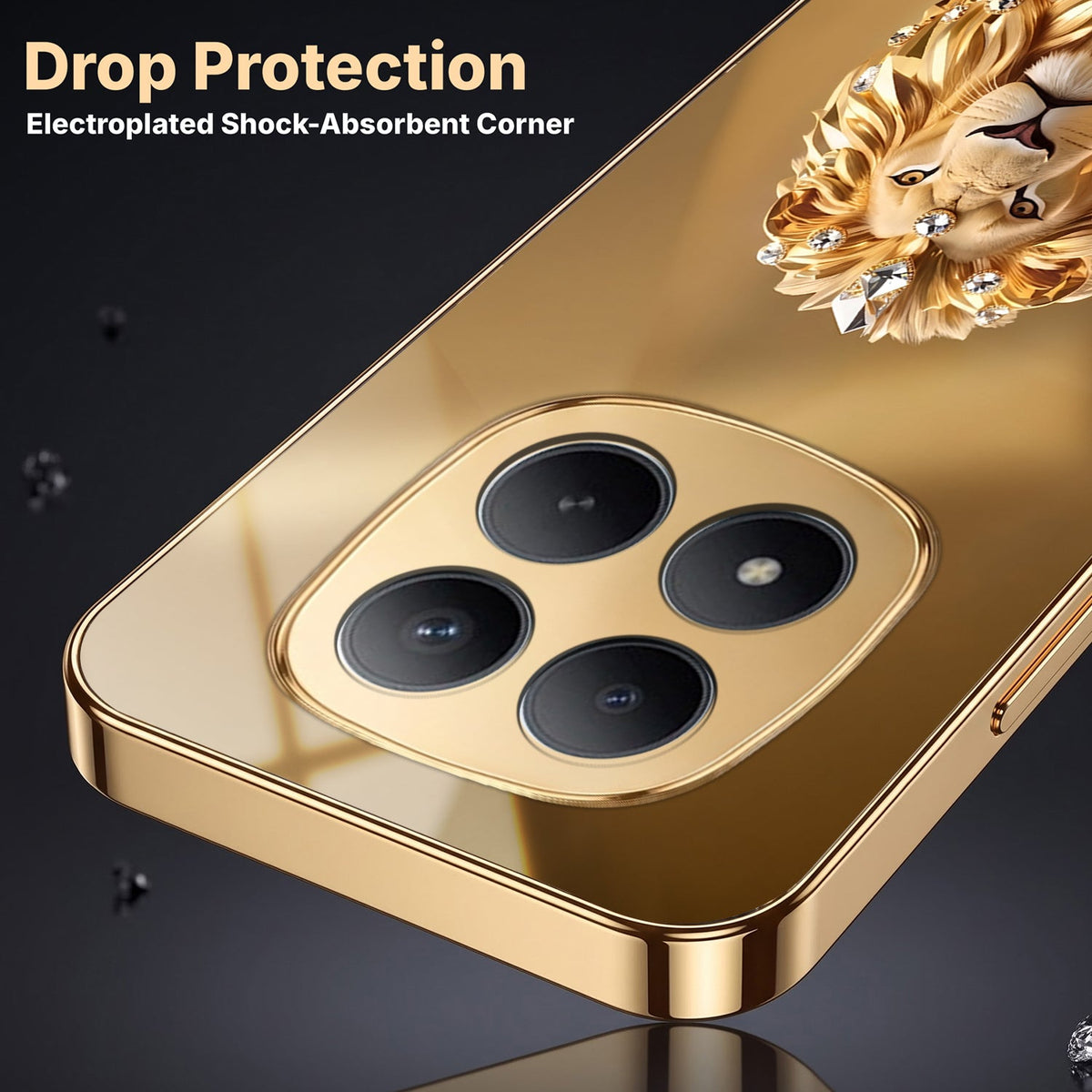 Redmi Note 15 Pro+ 5G Luxury Lion Gold Electroplated Glass Phone Back Case