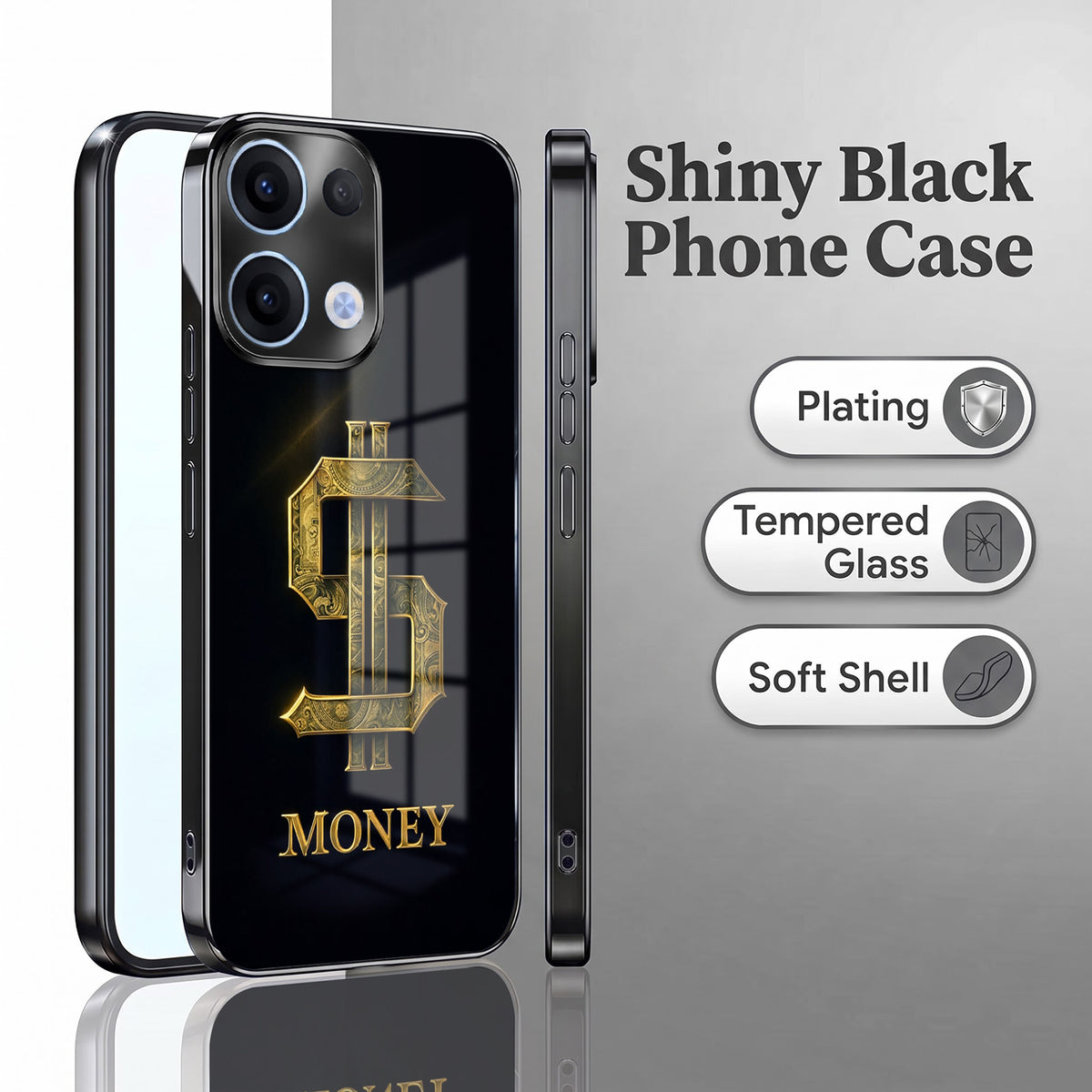 Oppo Reno 13 5G Money Black Electroplated Glass Phone Back Case