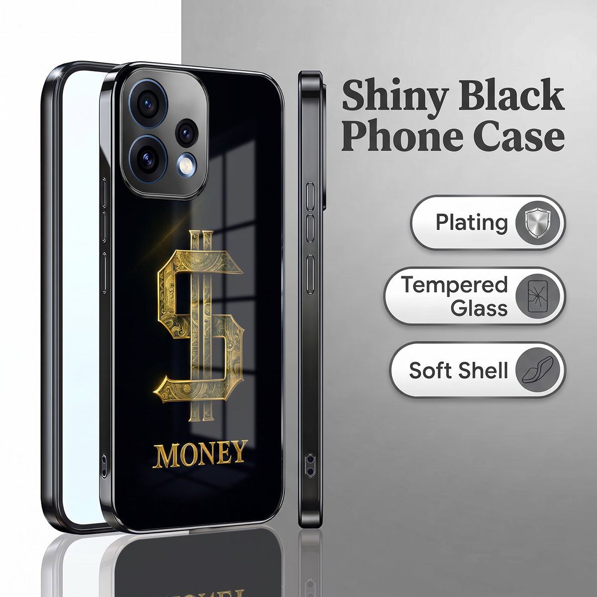 Oppo Reno 15 5G Money Black Electroplated Glass Phone Back Case