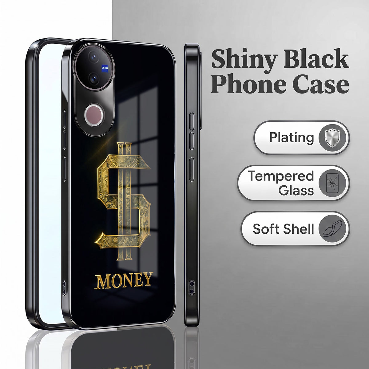 Vivo V50 5G Money Black Electroplated Glass Phone Back Case