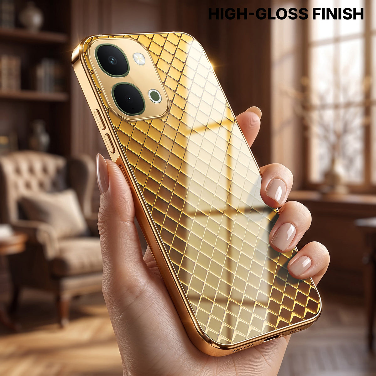 Vivo T5x 5G Golden Criss Cross Gold Electroplated Glass Phone Back Case