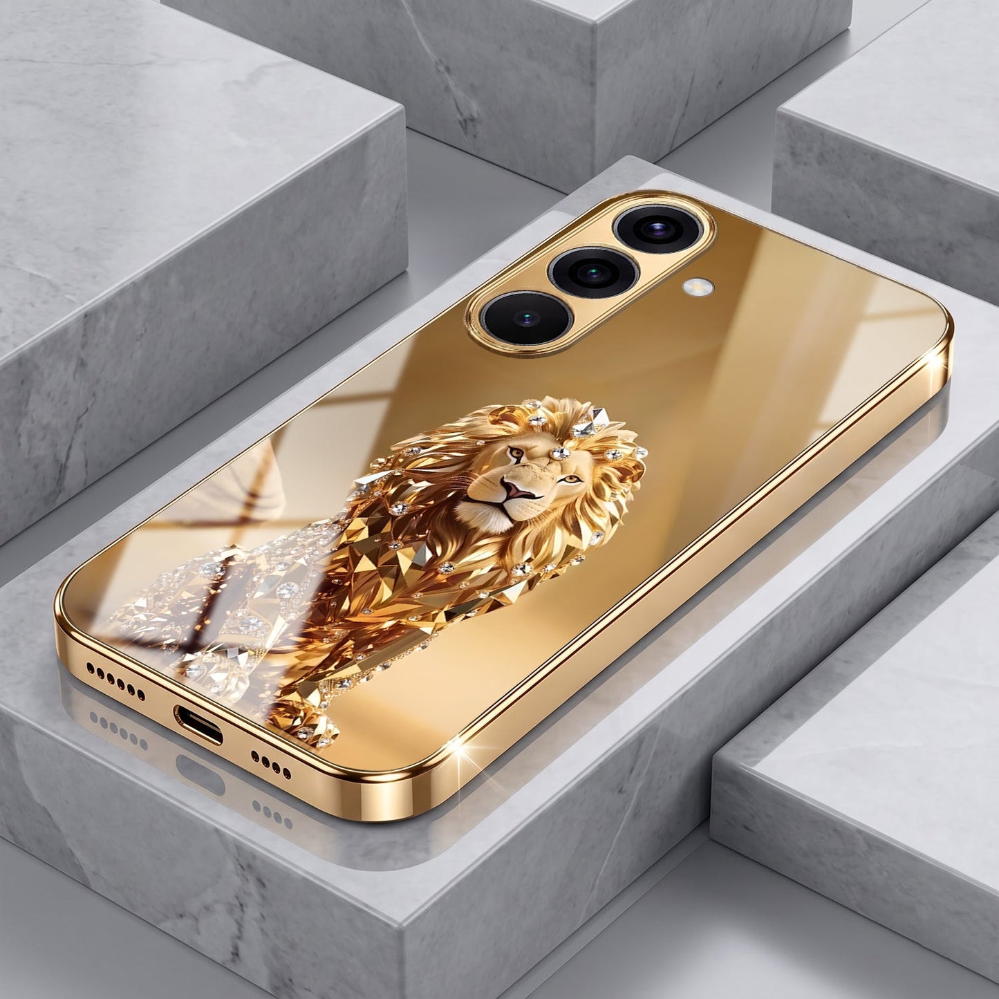 Samsung Galaxy A56 5G Luxury Lion Gold Electroplated Glass Phone Back Case