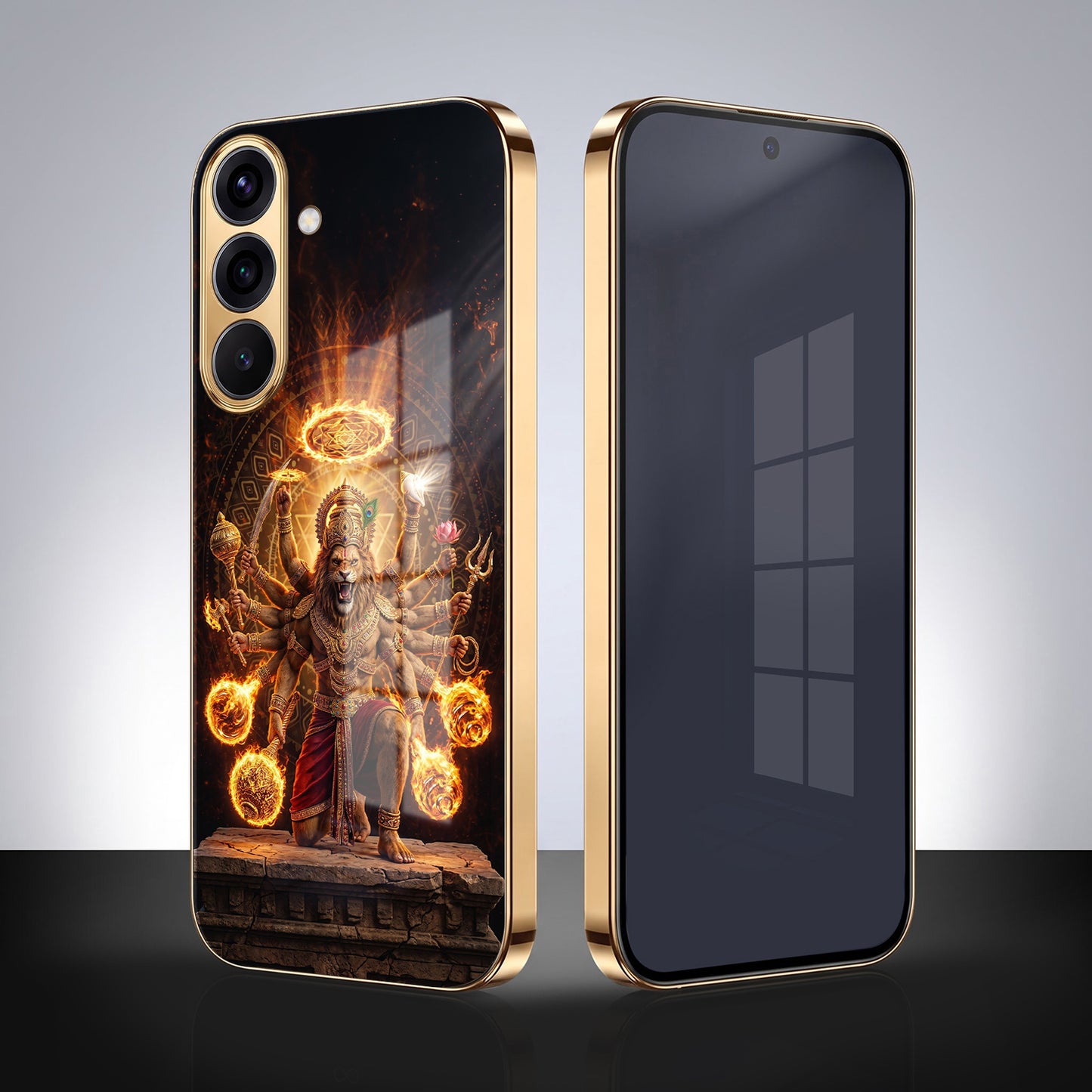 Samsung Galaxy A36 5G Lord Narasimha Gold Electroplated Glass Phone Back Case