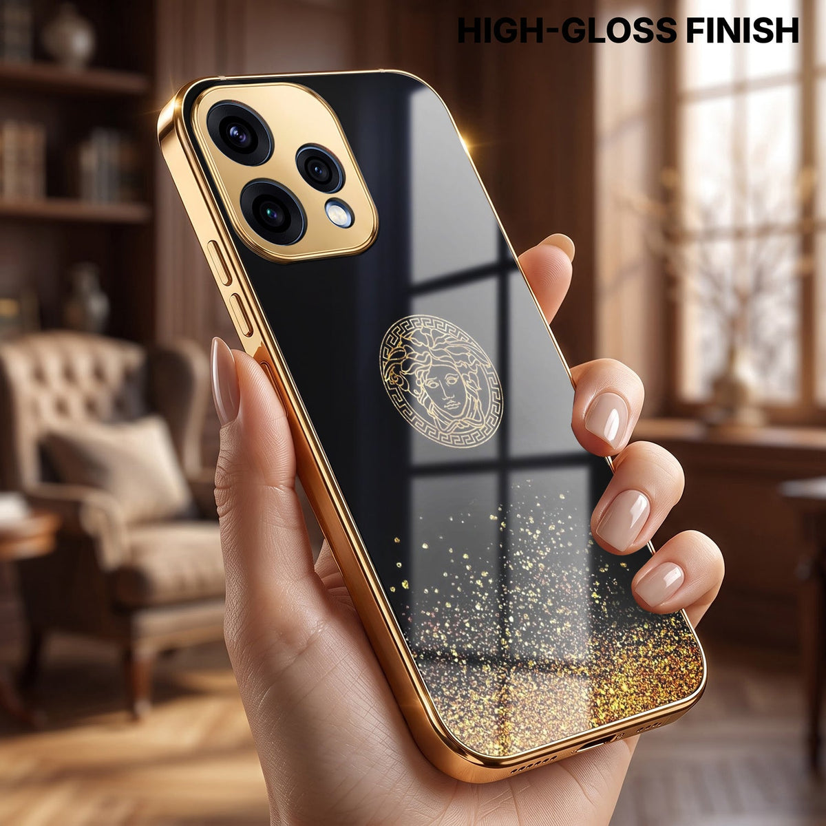 Oppo Reno 15 5G Medusa Head Gold Electroplated Glass Phone Back Case