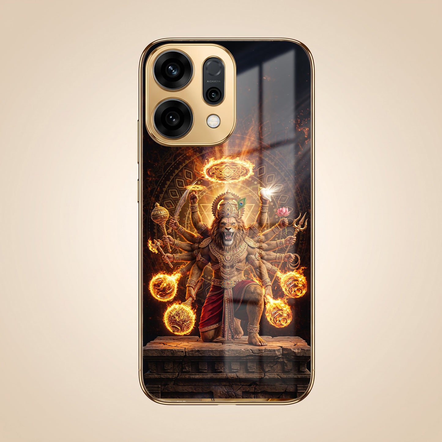 Oppo Reno 14 5G Lord Narasimha Gold Electroplated Glass Phone Back Case