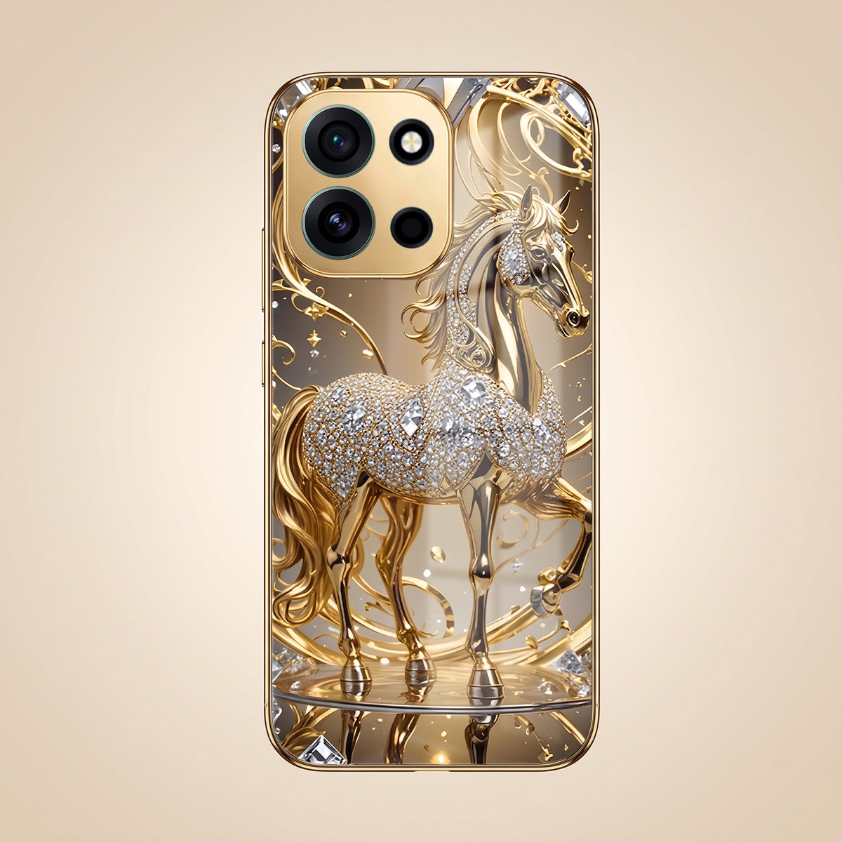 OnePlus Nord 6 5G Luxury Horse Texture Gold Electroplated Glass Phone Back Case