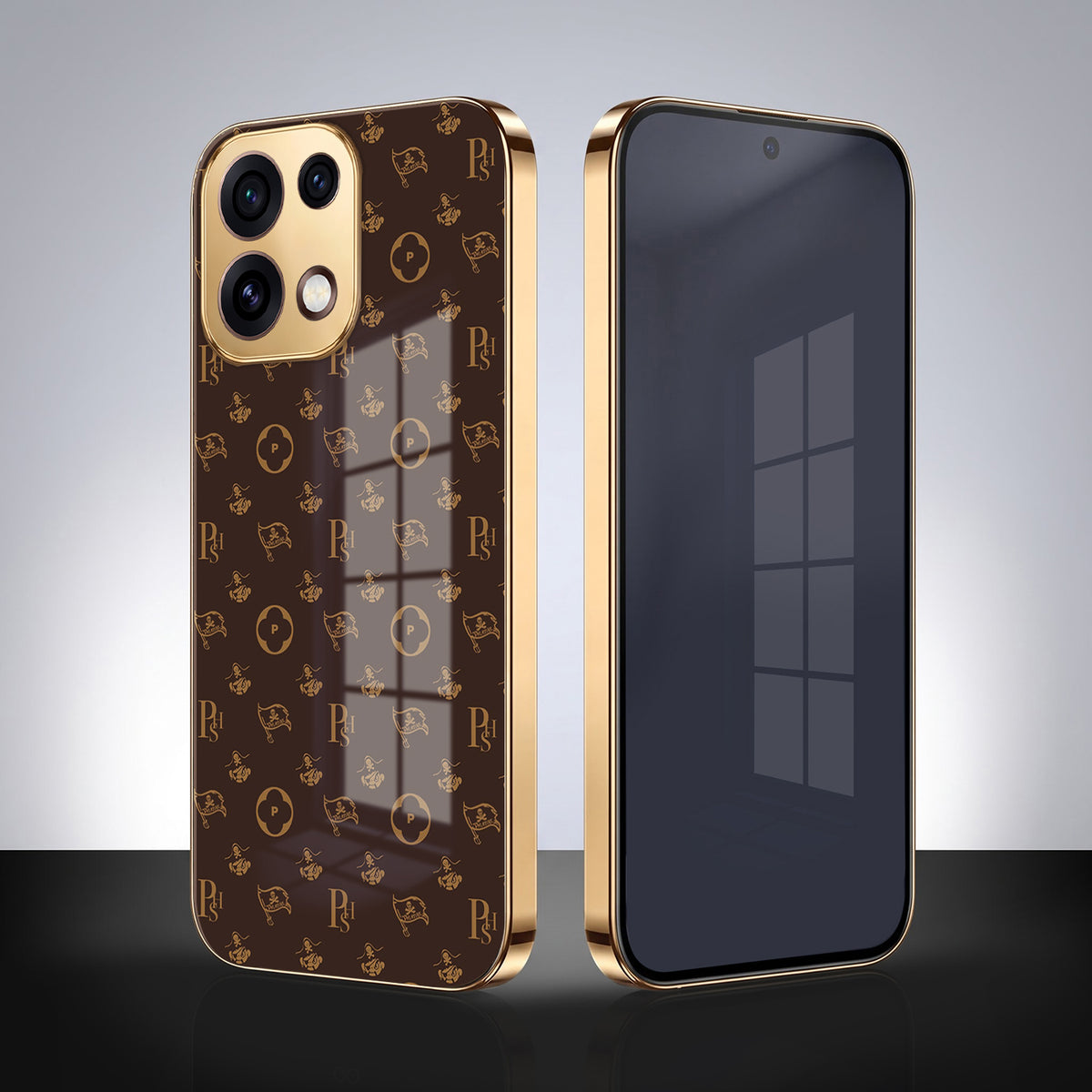Oppo Reno 16C 5G Luxury Monogram Brown Gold Electroplated Glass Phone Back Case