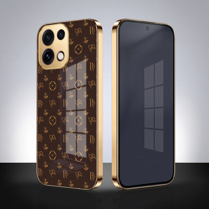 Oppo Reno 16C 5G Luxury Monogram Brown Gold Electroplated Glass Phone Back Case