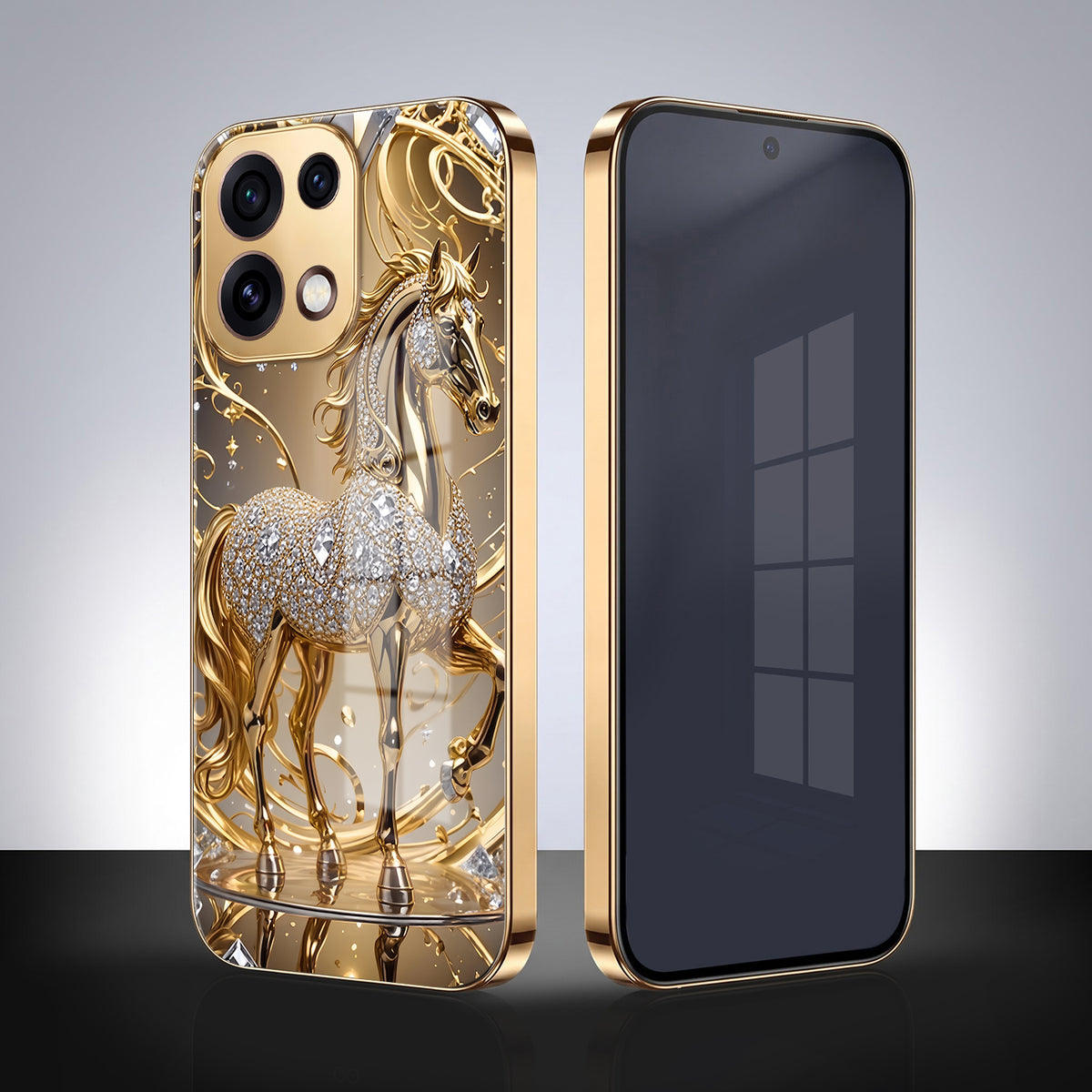 Oppo Reno 16C 5G Luxury Horse Texture Gold Electroplated Glass Phone Back Case