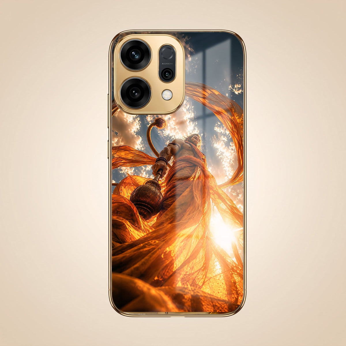 Oppo Reno 14 5G Divine Hanuman Gold Electroplated Glass Phone Back Case