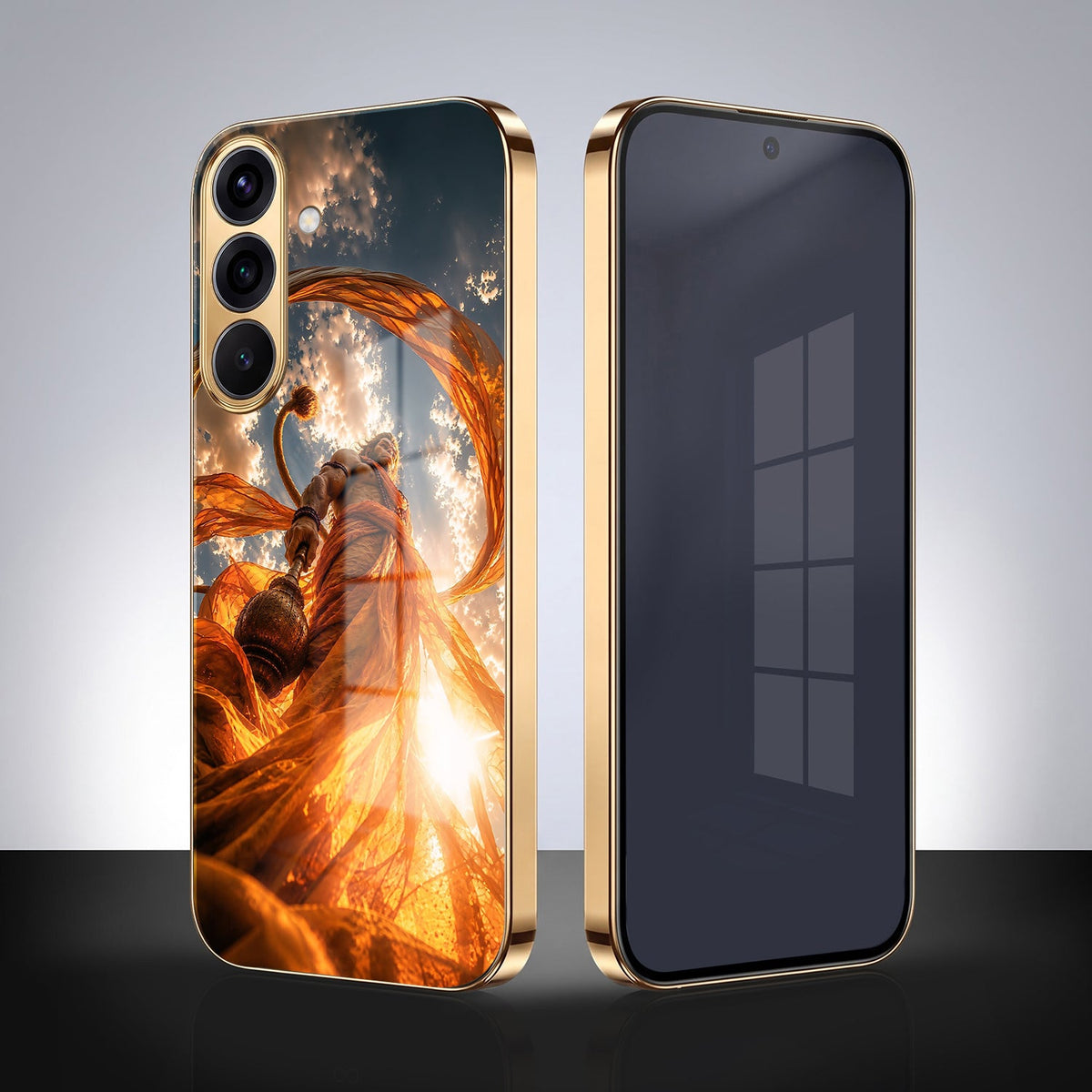 Samsung Galaxy A36 5G Divine Hanuman Gold Electroplated Glass Phone Back Case