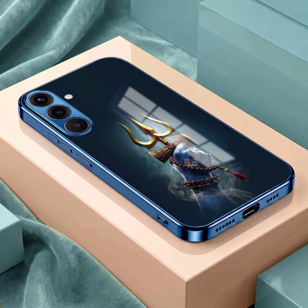 Samsung Galaxy A36 5G Divine Shiva Trisul Blue Electroplated Glass Phone Back Case