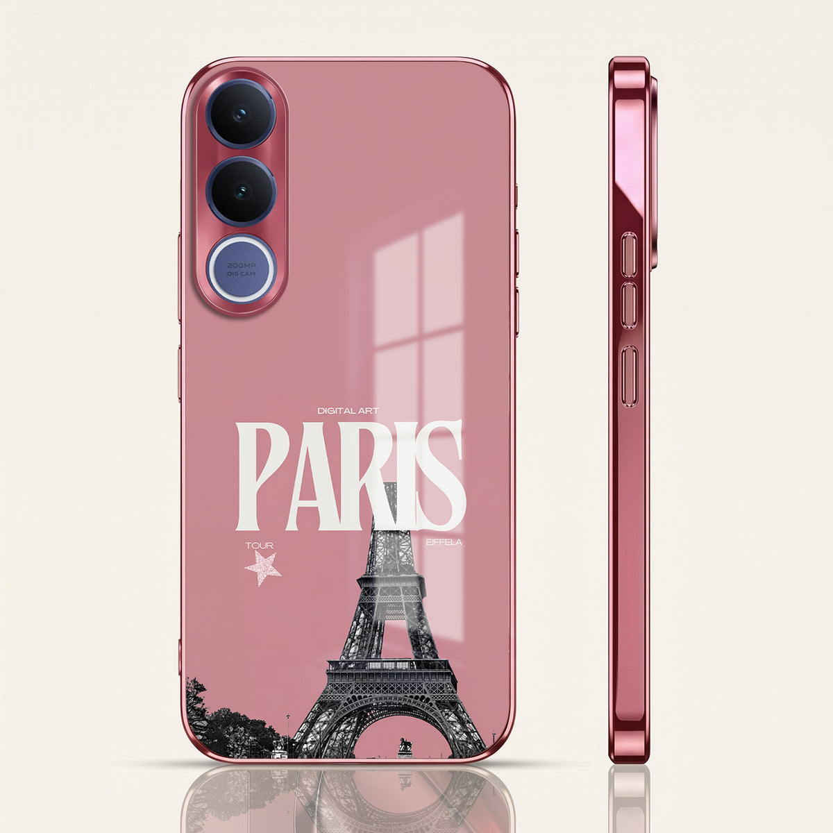 Vivo V70 FE 5G Luxury Paris Tower Pink Electroplated Glass Phone Back Case