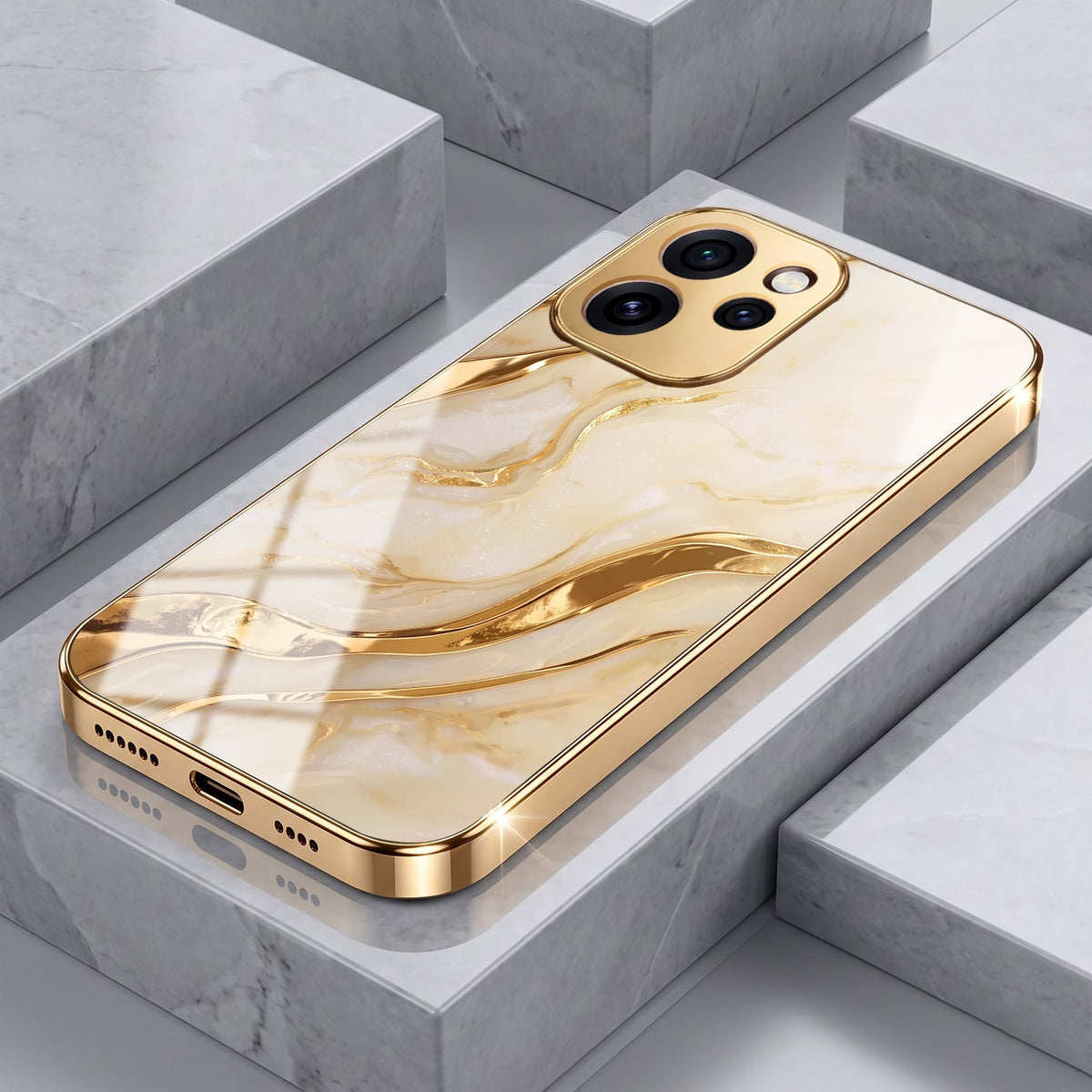 Oppo Reno 15 Pro Mini 5G Marvel Texture Gold Electroplated Glass Phone Back Case