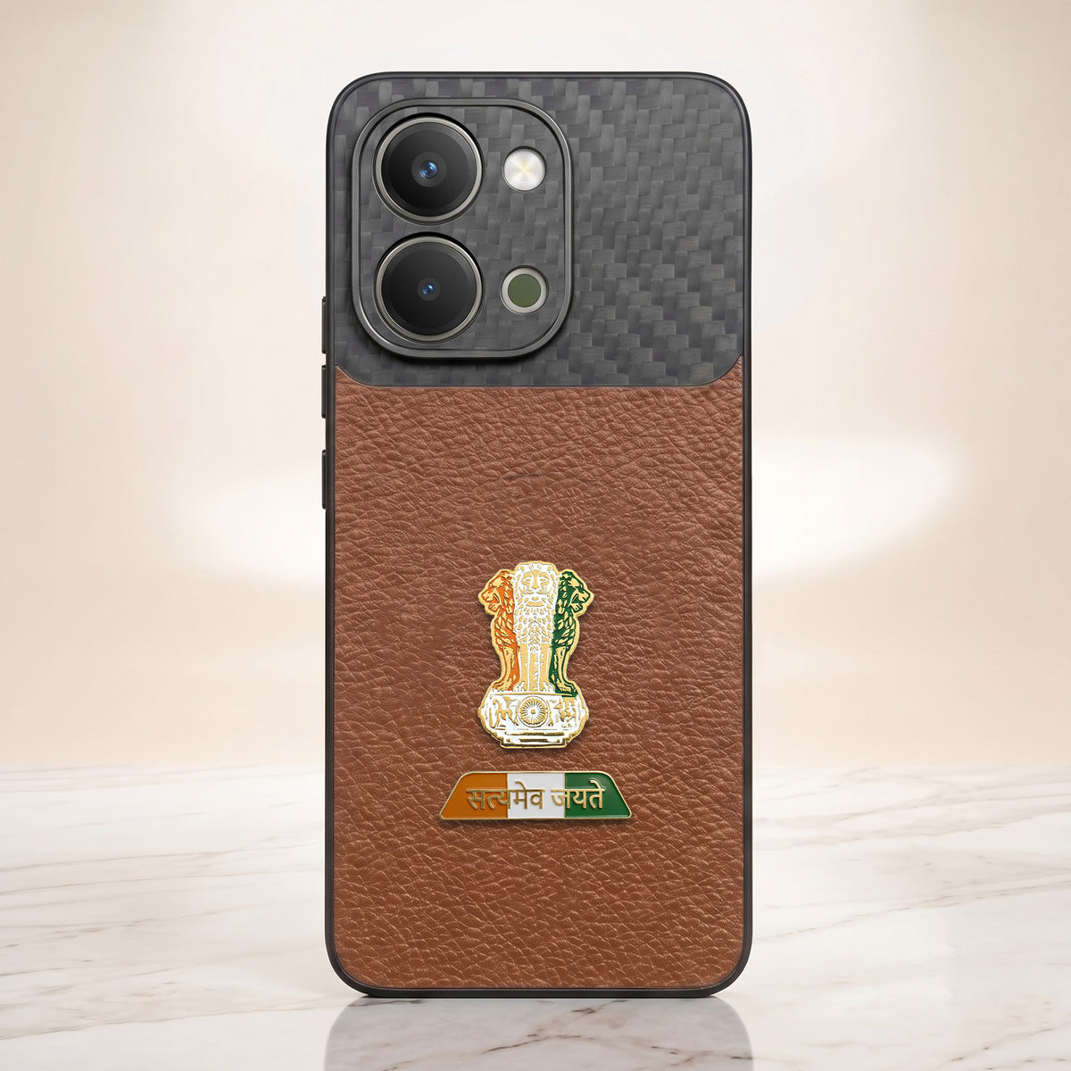 Vivo T5x 5G Tri-Color Satyamev Jayate Carbon Fiber Leather Hybrid Phone Case