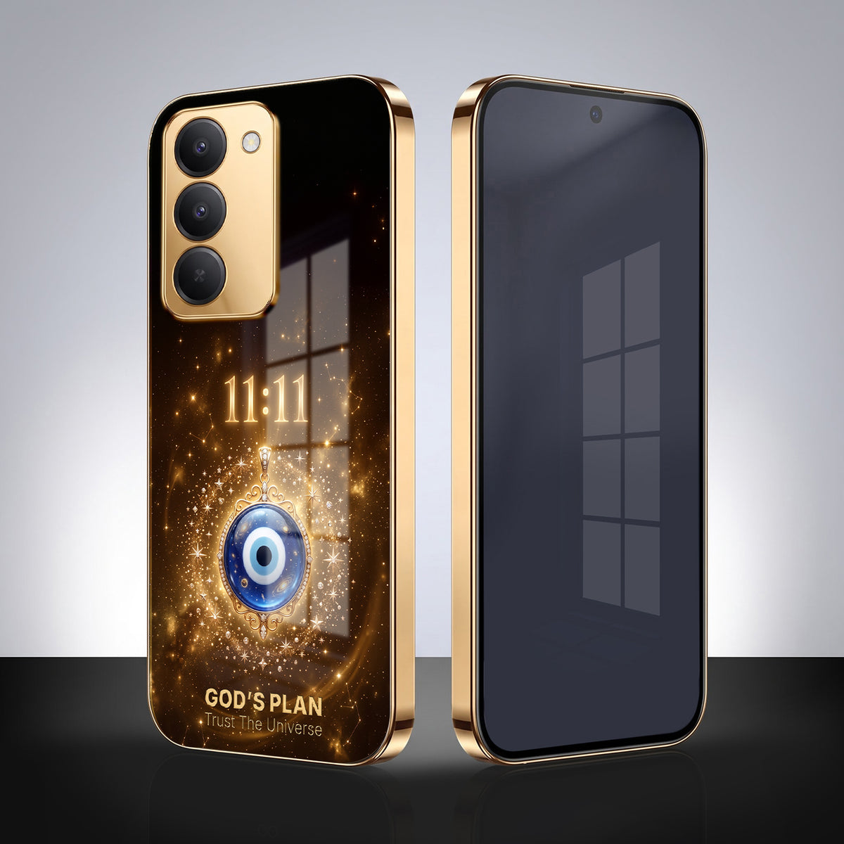 Redmi 15 5G God’s Plan Evil Eye Gold Electroplated Glass Phone Back Case