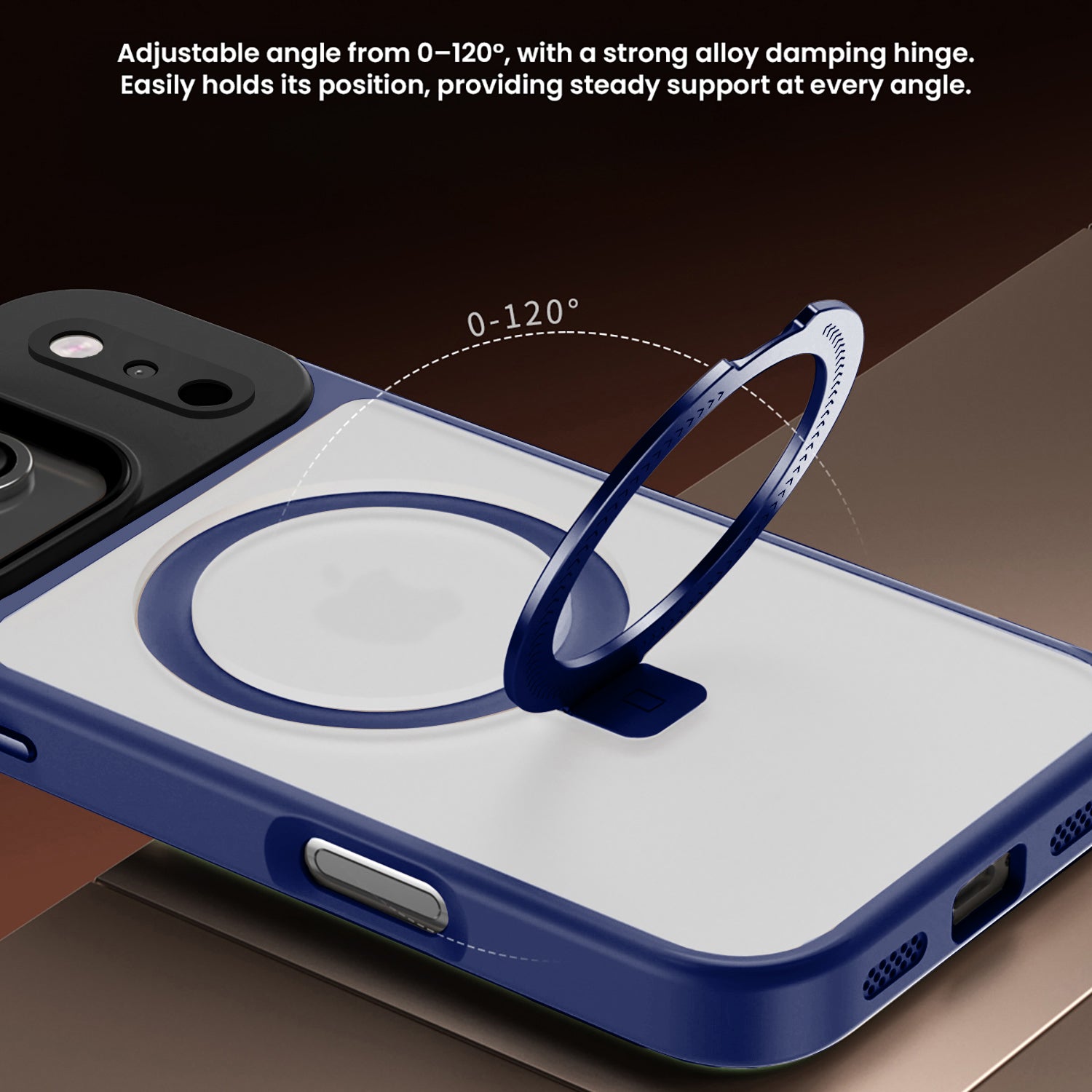 Phone case with adjustable ring stand on a dark background