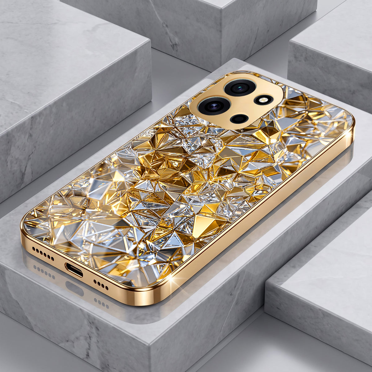 OnePlus Nord 6 5G White Diamond Shatter Gold Electroplated Glass Phone Back Case