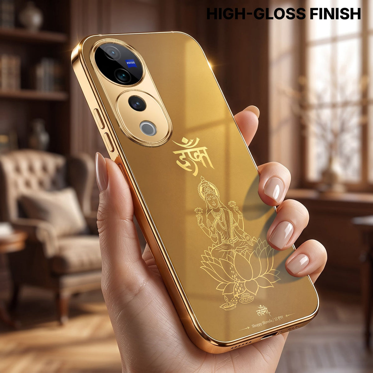 Vivo V40 Pro 5G Shree Lakshmi Divine Gold Electroplated Glass Phone Back Case