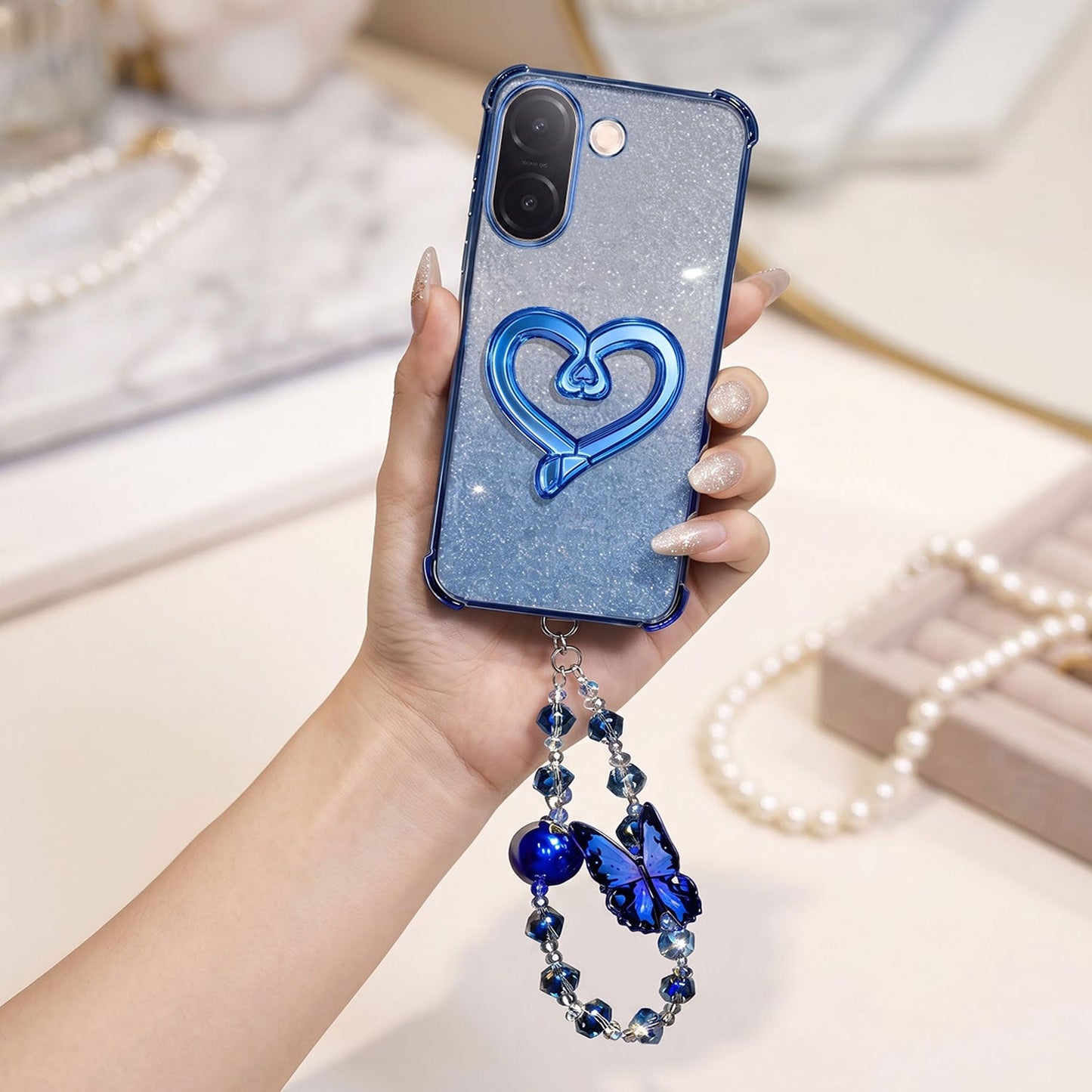 Vivo V60e 5G Luxury Shimmer Airbag Heart Stand Case with Charm Strap