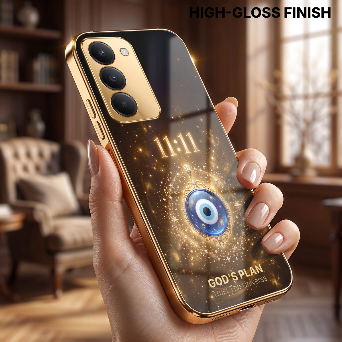Redmi 15 5G God’s Plan Evil Eye Gold Electroplated Glass Phone Back Case