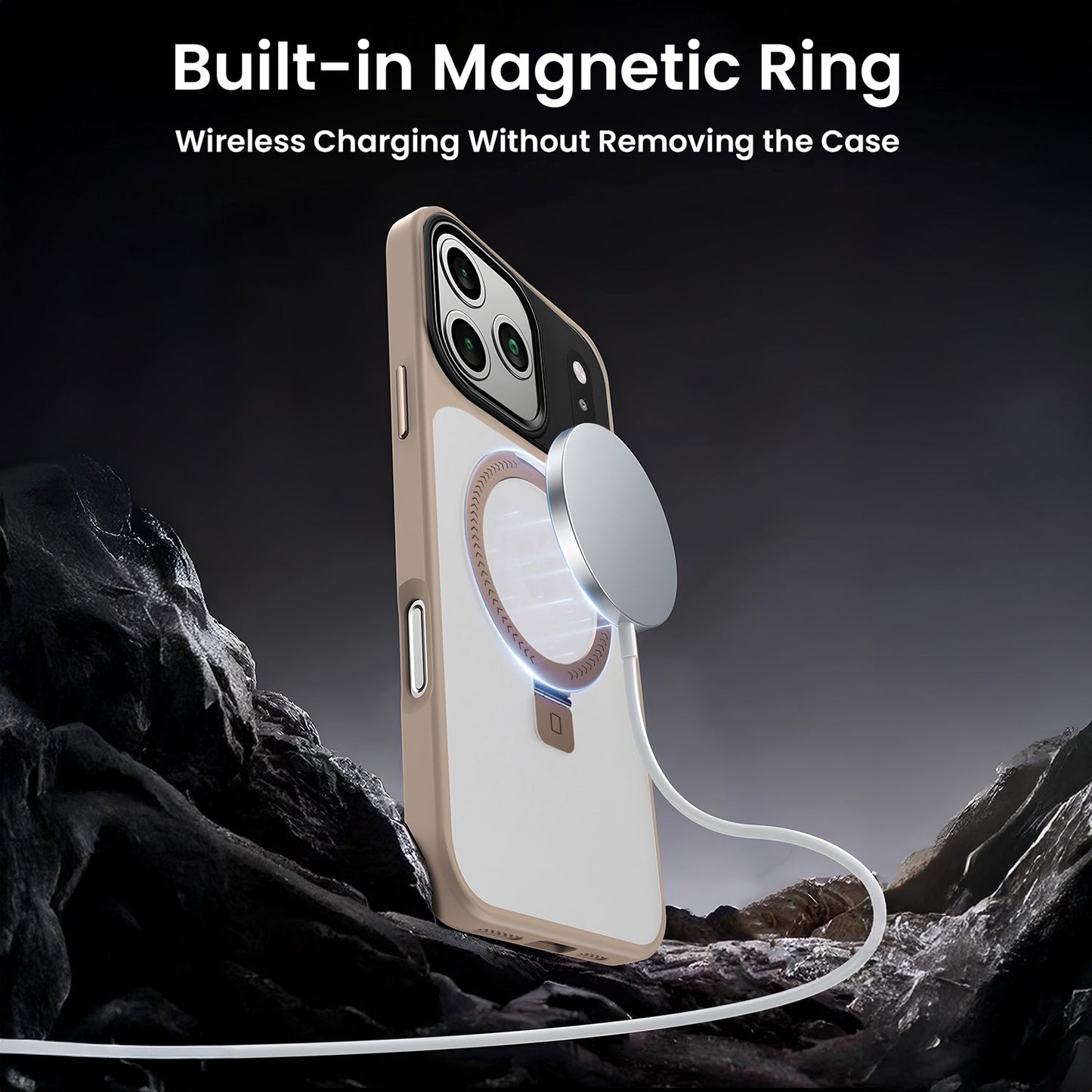 Phone case with built-in magnetic ring for wireless charging on a dark background