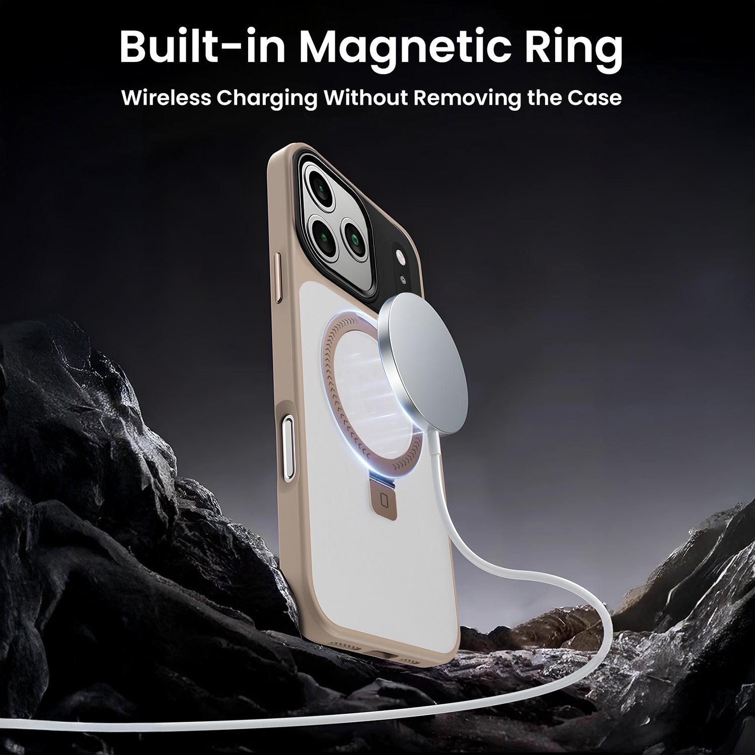 Phone case with built-in magnetic ring for wireless charging on a dark background