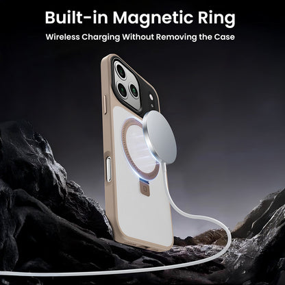 Phone case with built-in magnetic ring for wireless charging on a dark background