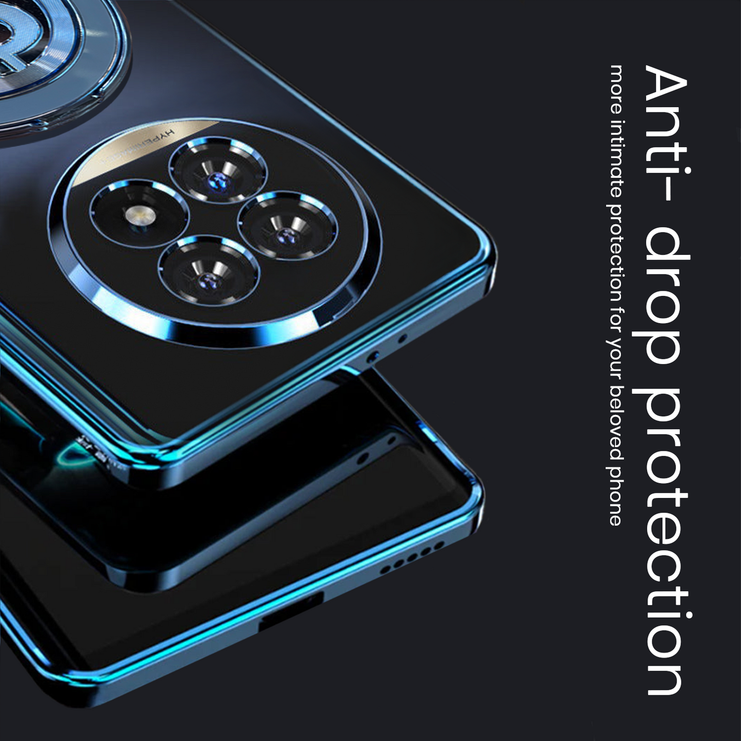 Smartphone with protective case on a dark background, emphasizing anti-drop protection feature.