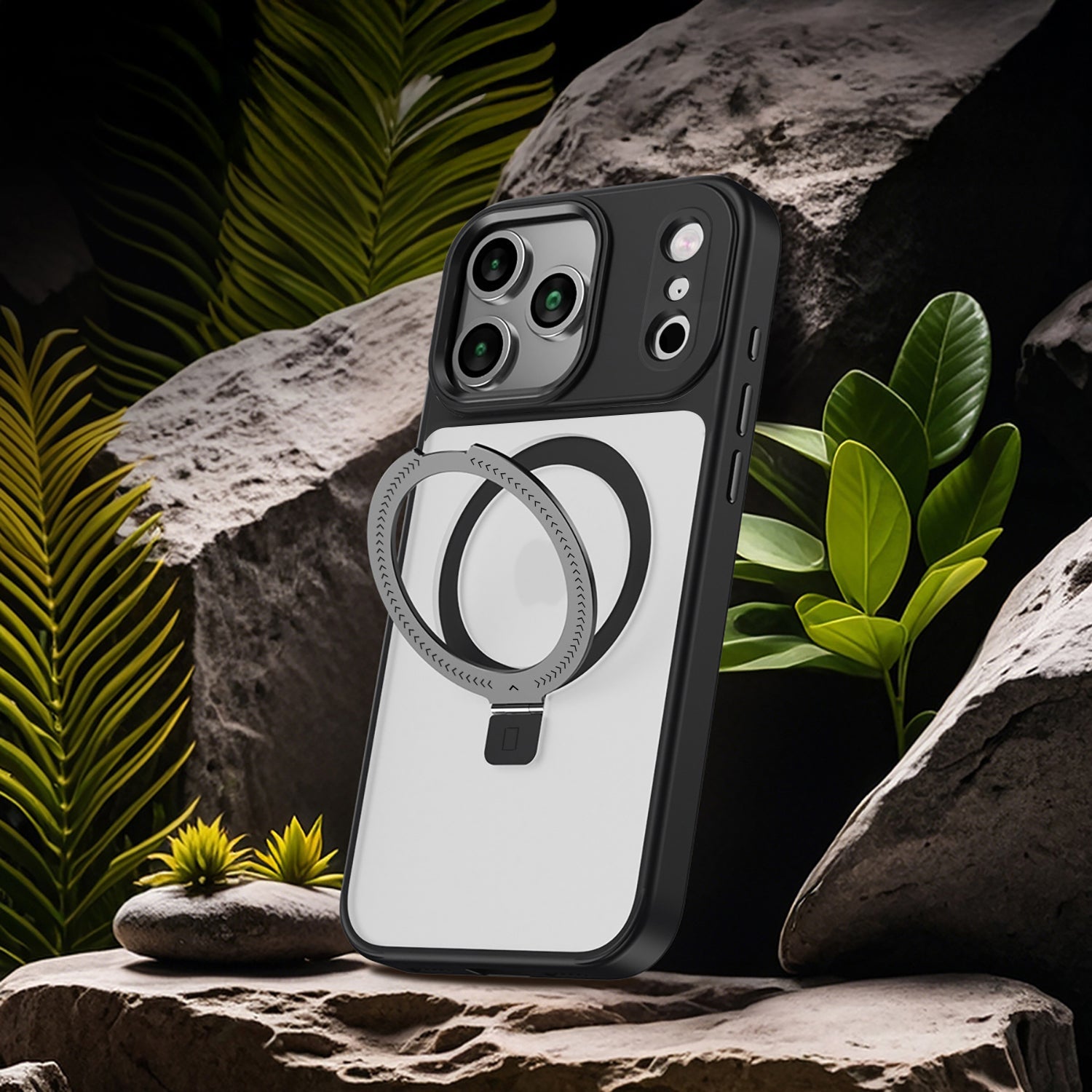 Phone case with ring holder on a rock with plants