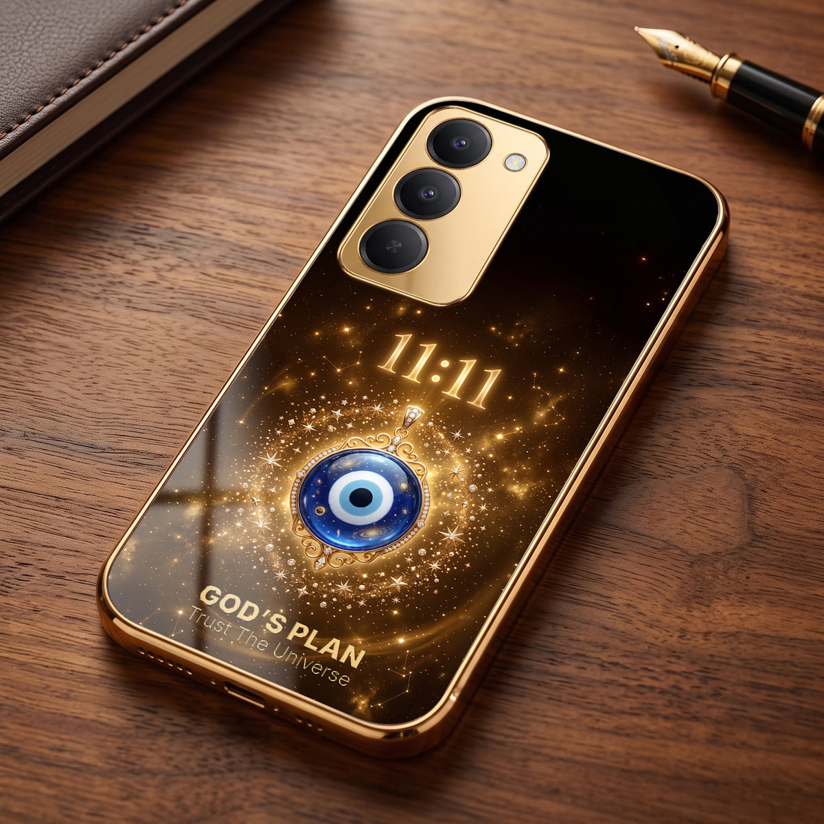Redmi 15 5G God’s Plan Evil Eye Gold Electroplated Glass Phone Back Case