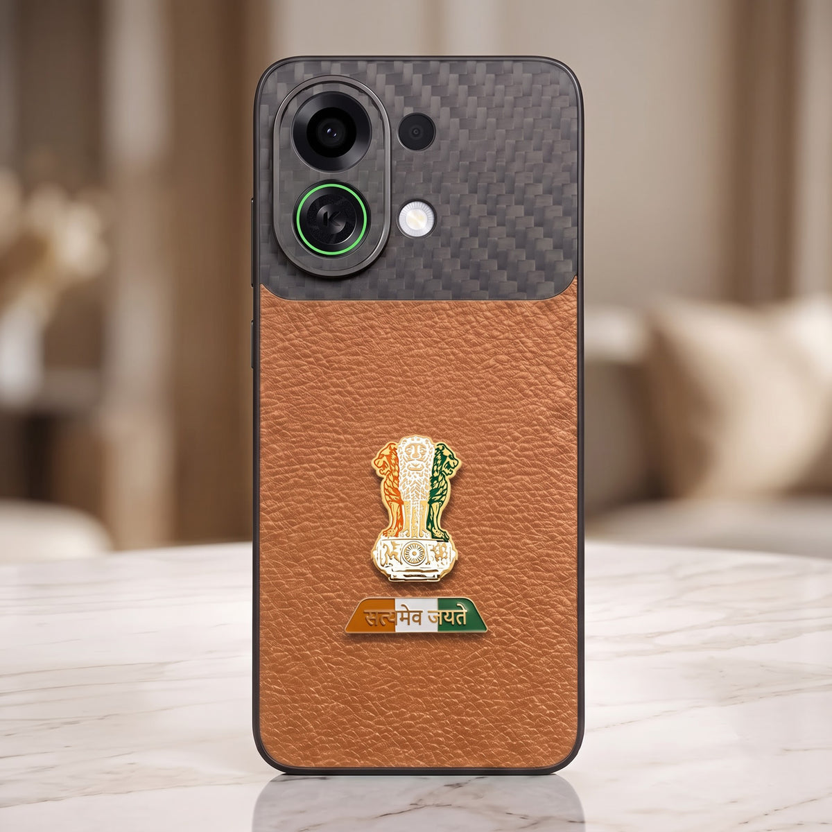 Oppo K13 Turbo 5G Tri-Color Satyamev Jayate Carbon Fiber Leather Hybrid Phone Case