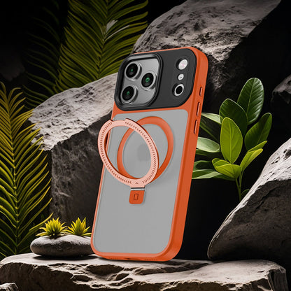 Phone case with ring holder on a rock with plants