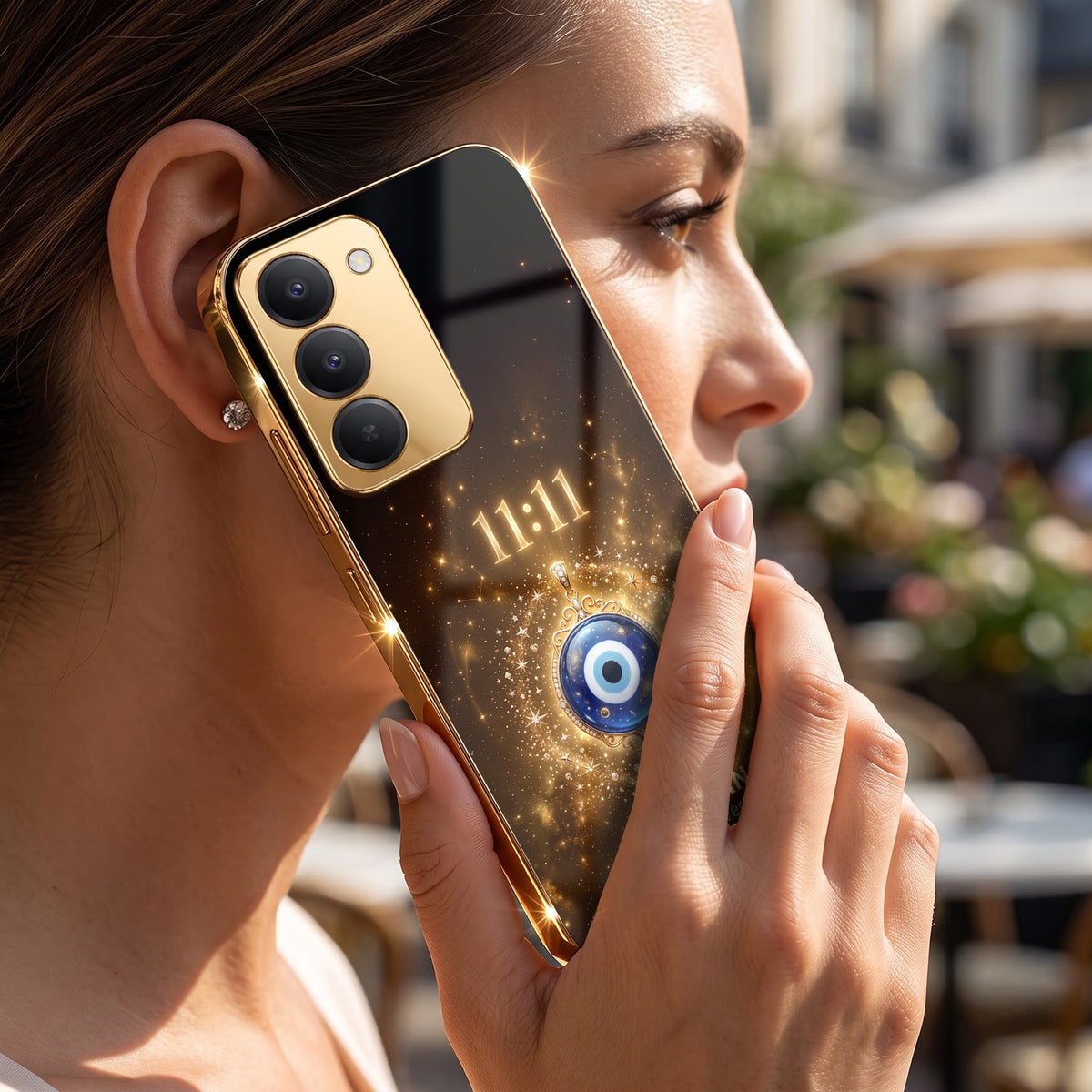 Redmi 15 5G God’s Plan Evil Eye Gold Electroplated Glass Phone Back Case