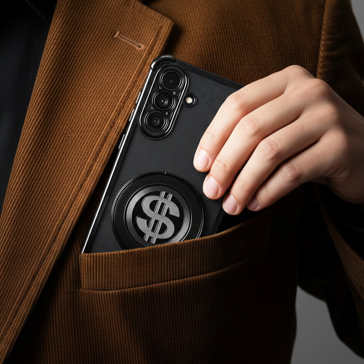 Person holding a Samsung Galaxy A56 5G phone with a dollar sign case in a brown coat pocket