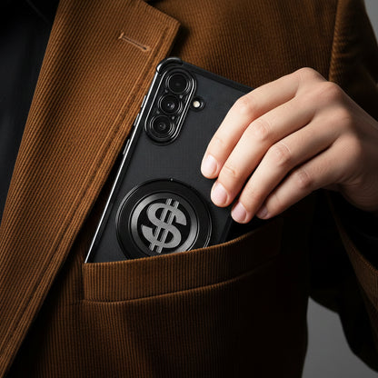 Person holding a Samsung Galaxy A56 5G phone with a dollar sign case in a brown coat pocket